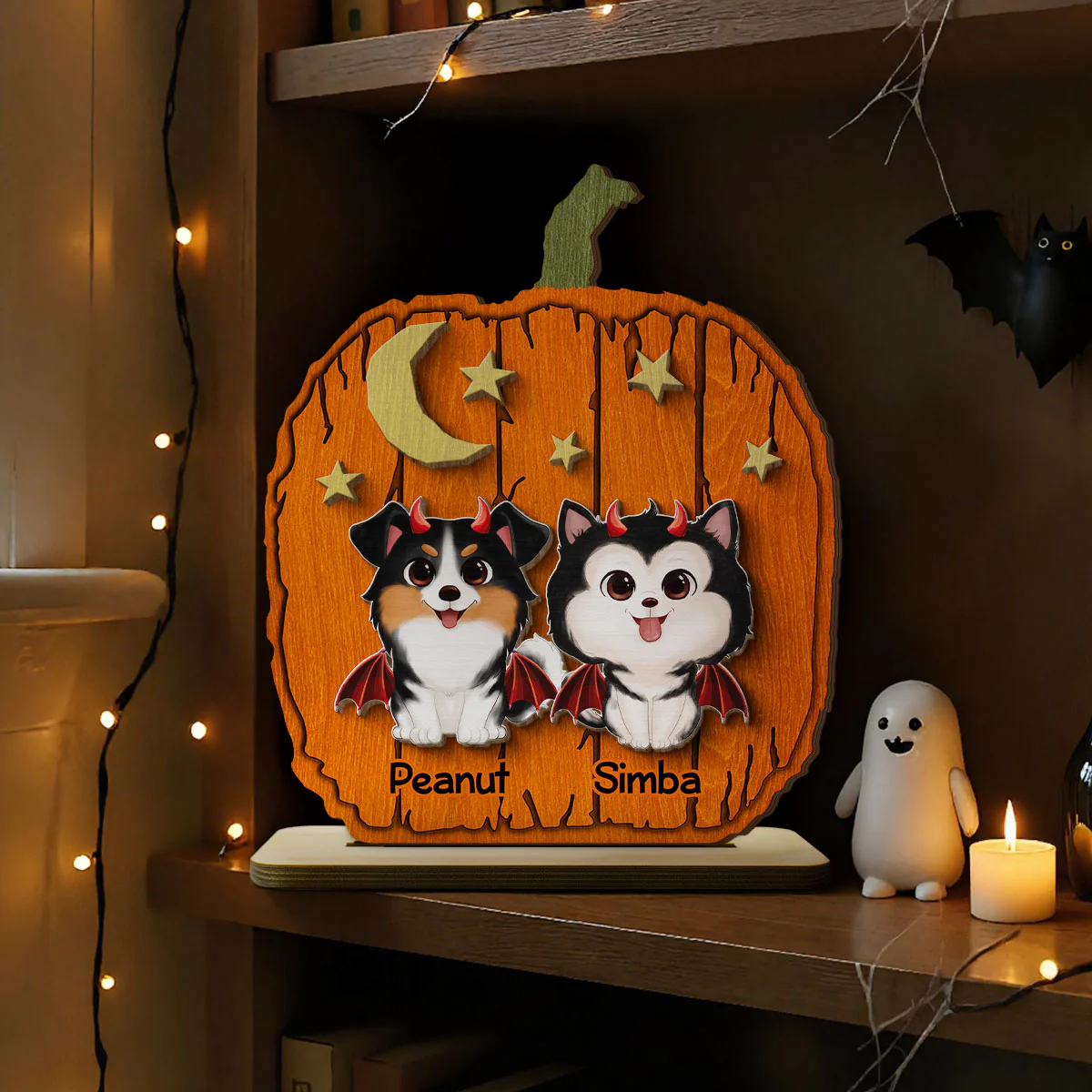 Halloween Dog Pumpkin Shaped Personalized 2-Layer Standing Wooden Plaque - Image 3