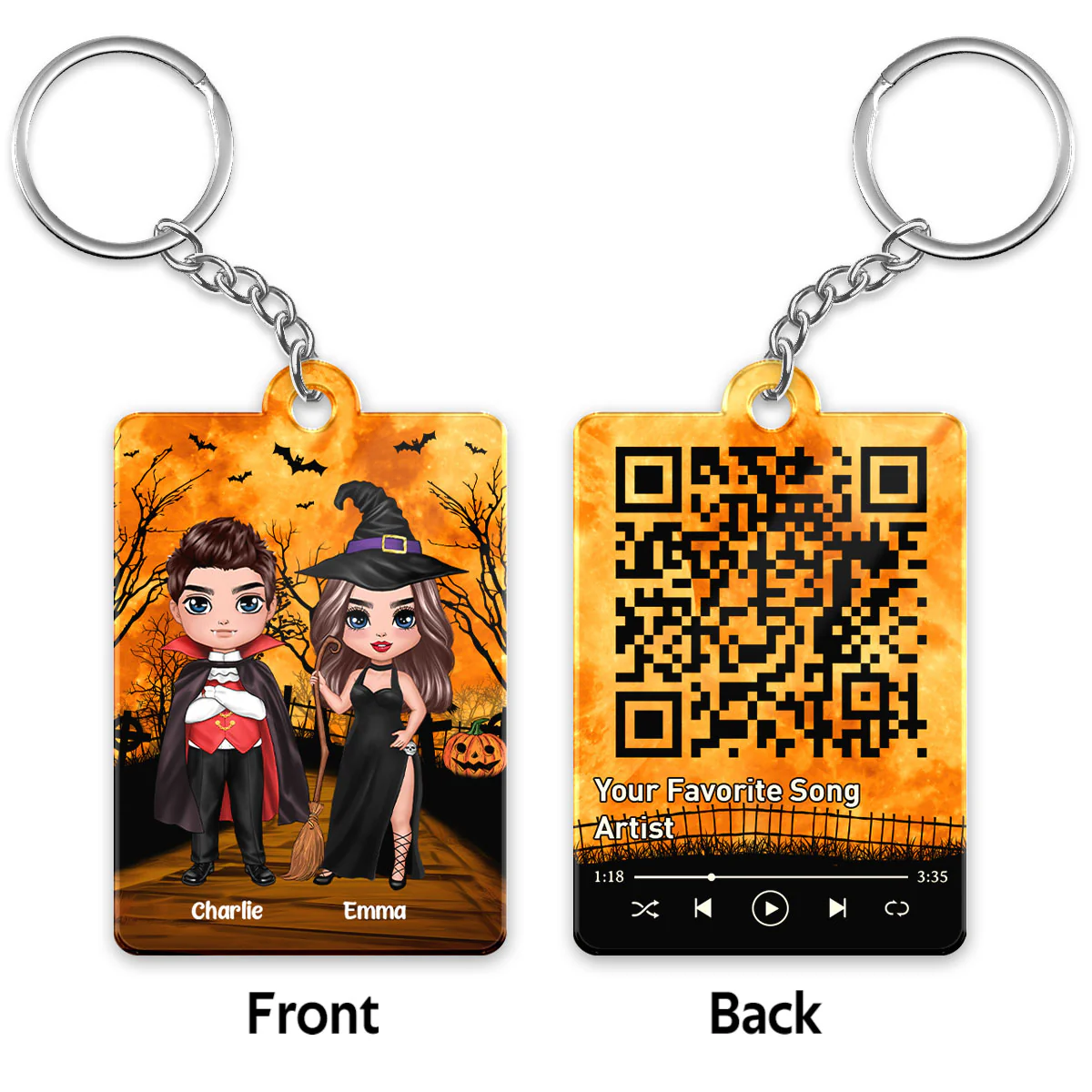 Halloween Doll Couple Standing Favorite Song Scannable QR Code Personalized Acrylic Keychain