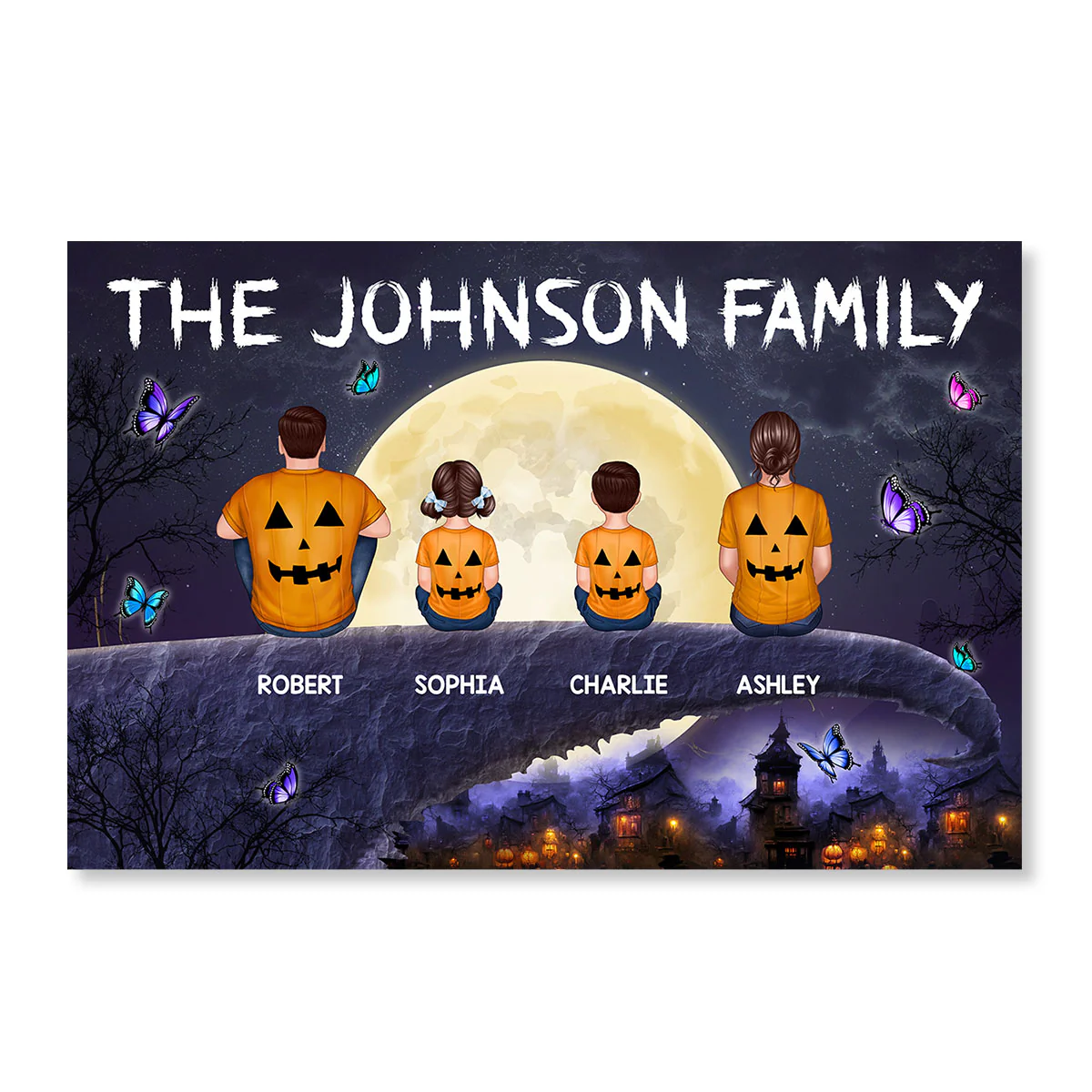 Halloween Family Back View Sitting On Cliff Personalized Horizontal Poster