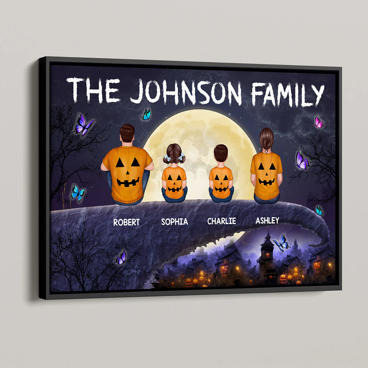 Halloween Family Back View Sitting On Cliff Personalized Horizontal Poster - Image 2