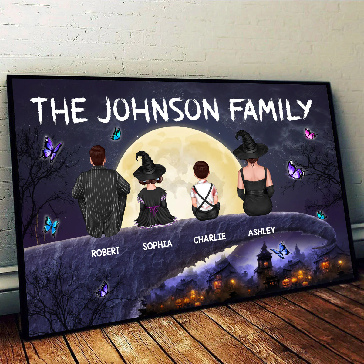 Halloween Family Back View Sitting On Cliff Personalized Horizontal Poster - Image 3