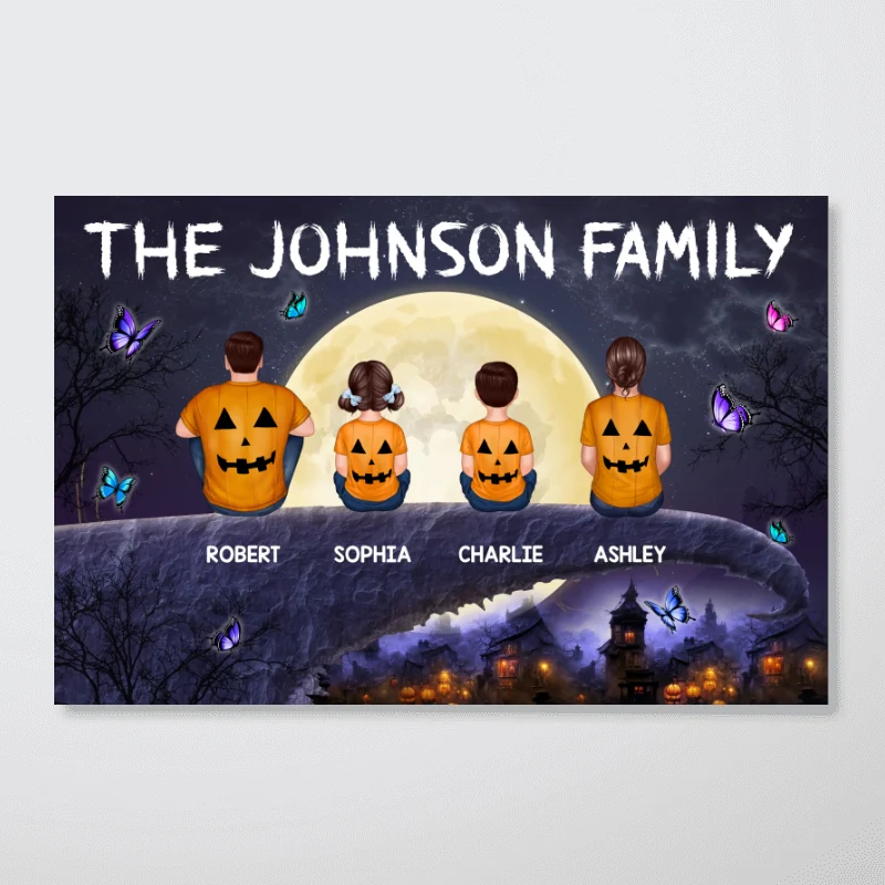 Halloween Family Back View Sitting On Cliff Personalized Horizontal Poster - Image 4