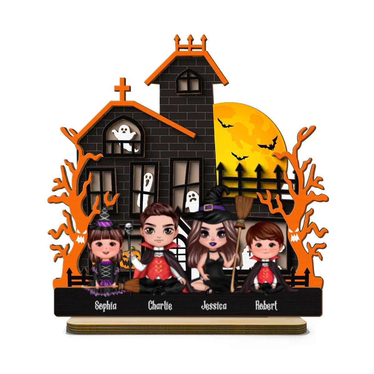 Halloween Family Sitting Haunted House Personalized 2-Layer Standing Wooden Plaque - Image 8