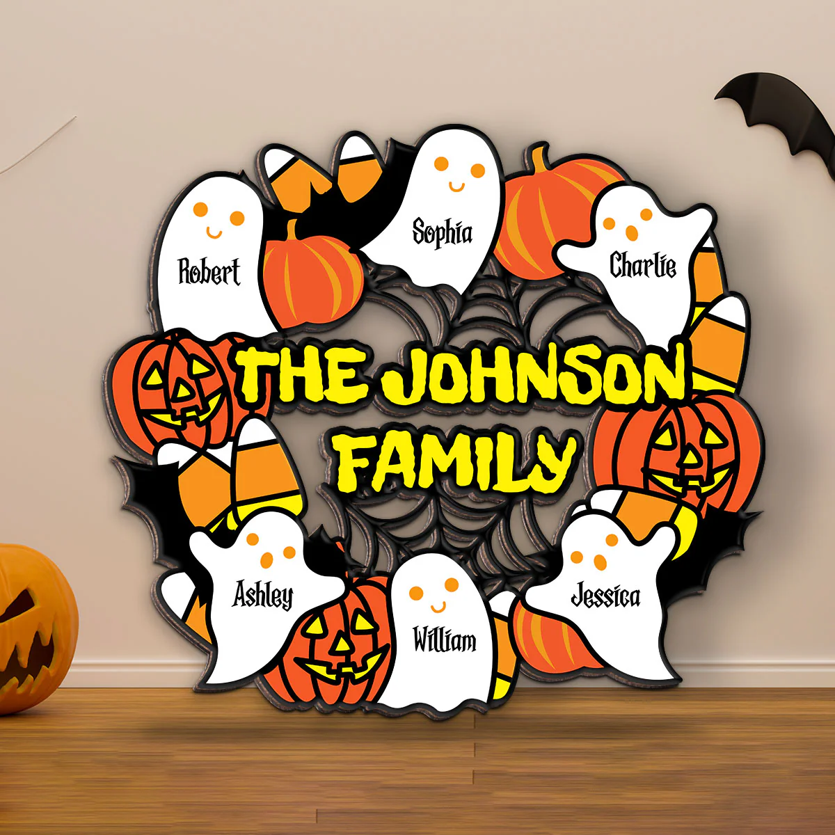 Halloween Family Wreath Shaped Personalized Wood Sign - Image 9