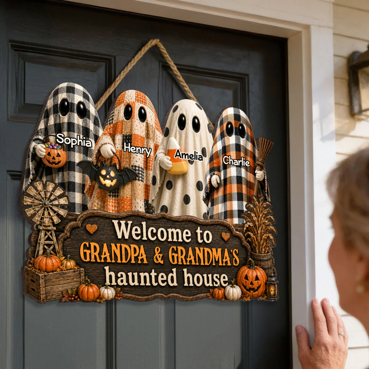 Halloween Farmhouse Style Welcome To Grandma Grandpa Haunted House - Personalized Wood Sign - Halloween Decoration For Grandparents - Image 3