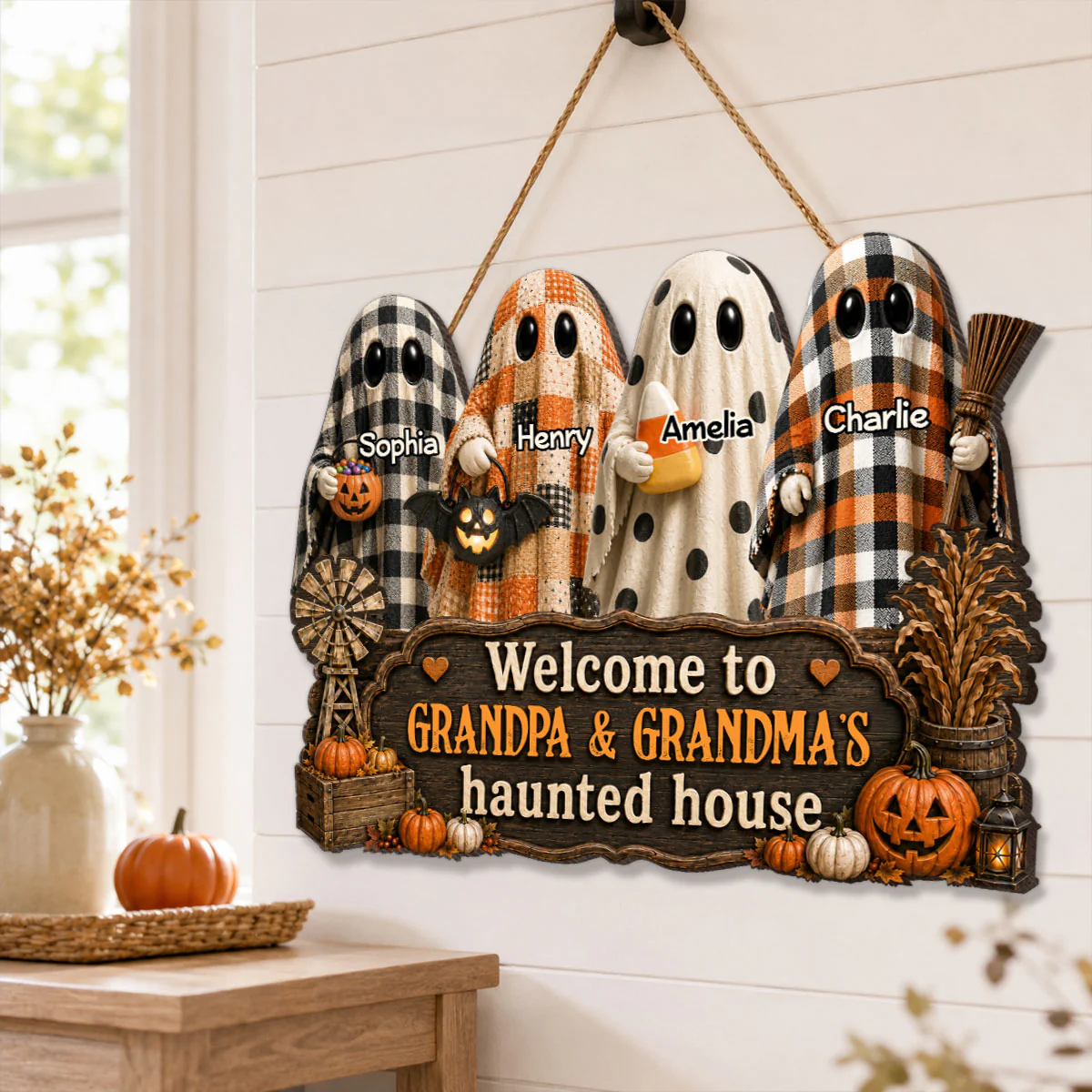Halloween Farmhouse Style Welcome To Grandma Grandpa Haunted House - Personalized Wood Sign - Halloween Decoration For Grandparents - Image 6