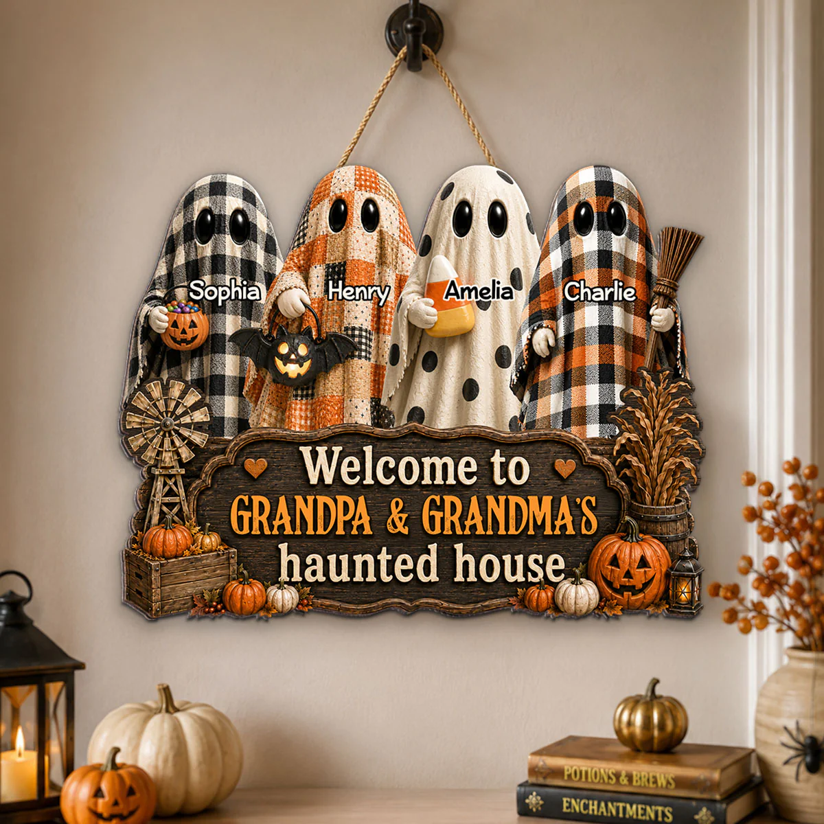 Halloween Farmhouse Style Welcome To Grandma Grandpa Haunted House - Personalized Wood Sign - Halloween Decoration For Grandparents - Image 7