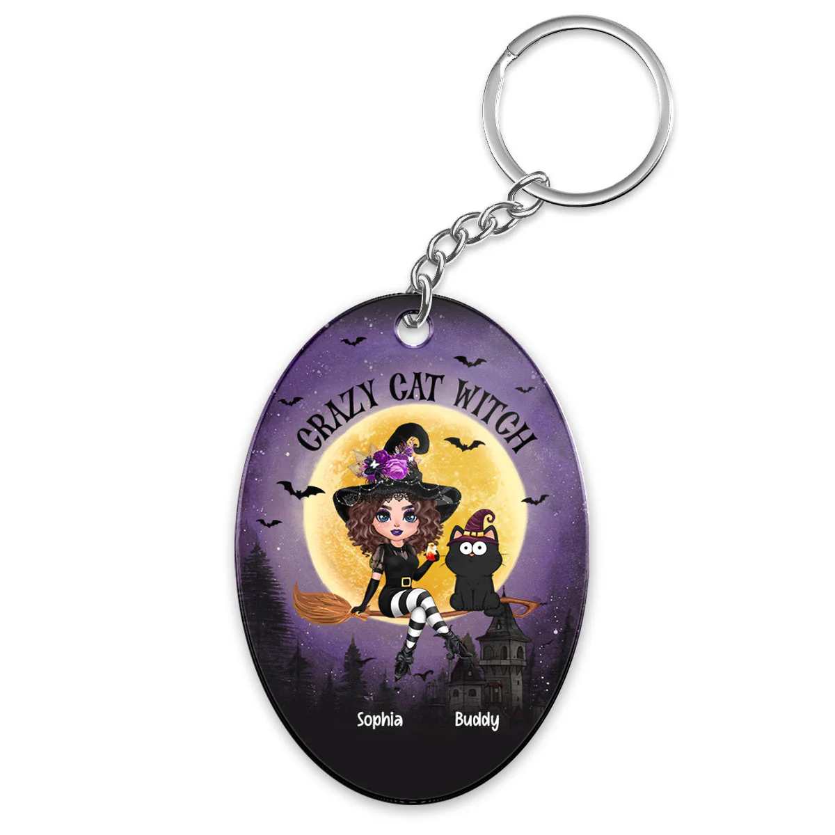 Halloween Flying Witch With Cats Personalized Acrylic Keychain