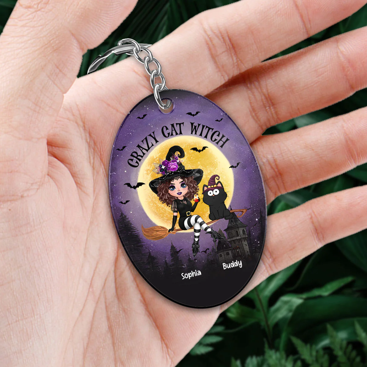 Halloween Flying Witch With Cats Personalized Acrylic Keychain - Image 2