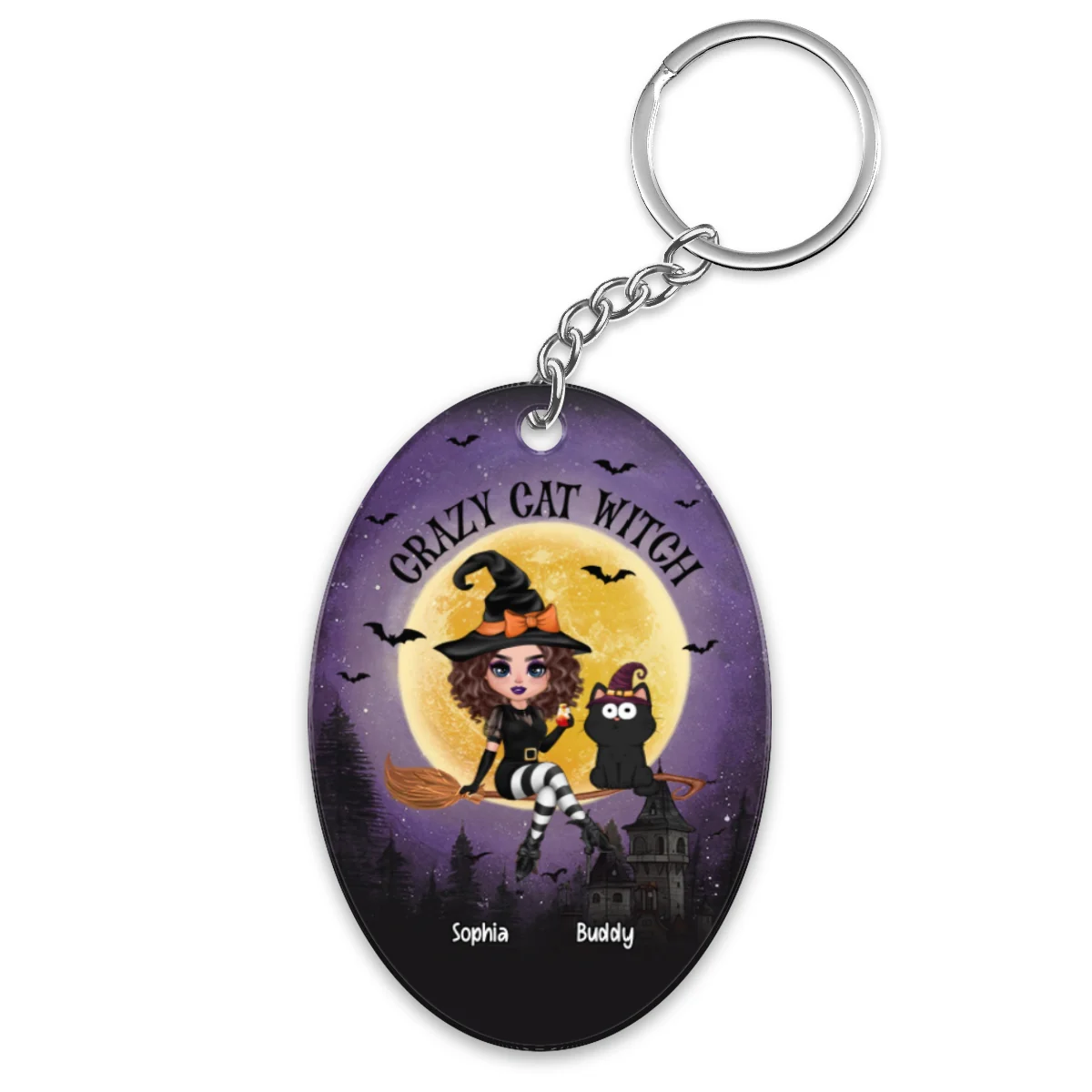 Halloween Flying Witch With Cats Personalized Acrylic Keychain - Image 4
