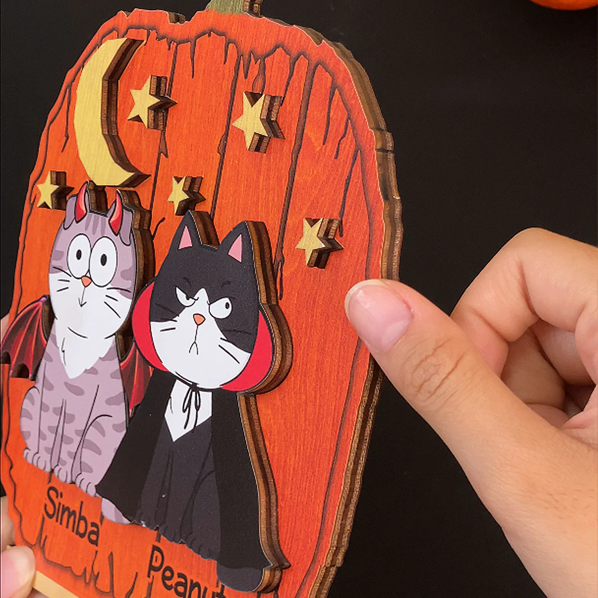 Halloween Funny Cats Pumpkin Shaped Personalized 2-Layer Standing Wooden Plaque, Spooky Halloween Tabletop, Tiered Tray, Shelf Sitter Decoration - Image 7