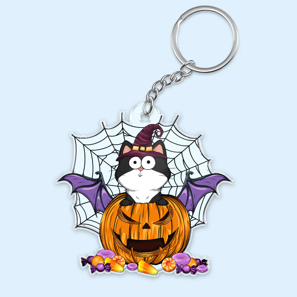 Halloween Funny Expression Cats On Pumpkin Spider Net Personalized Acrylic Keychain