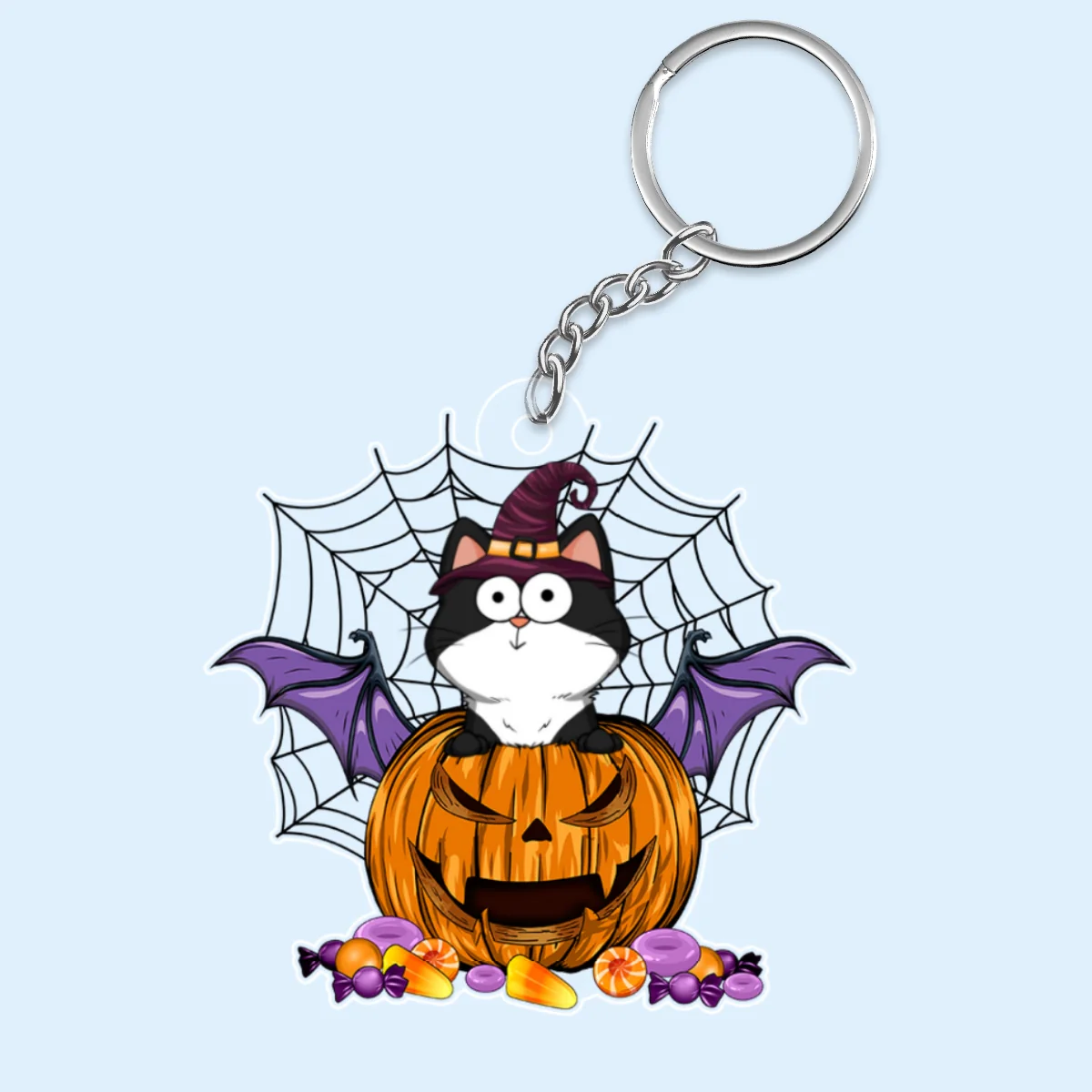 Halloween Funny Expression Cats On Pumpkin Spider Net Personalized Acrylic Keychain - Image 4