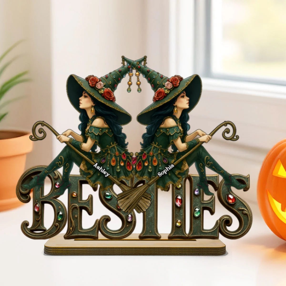 Halloween Gothic Vintage Besties Sisters Sitting On Text Personalized Standing Wooden Plaque - Image 10