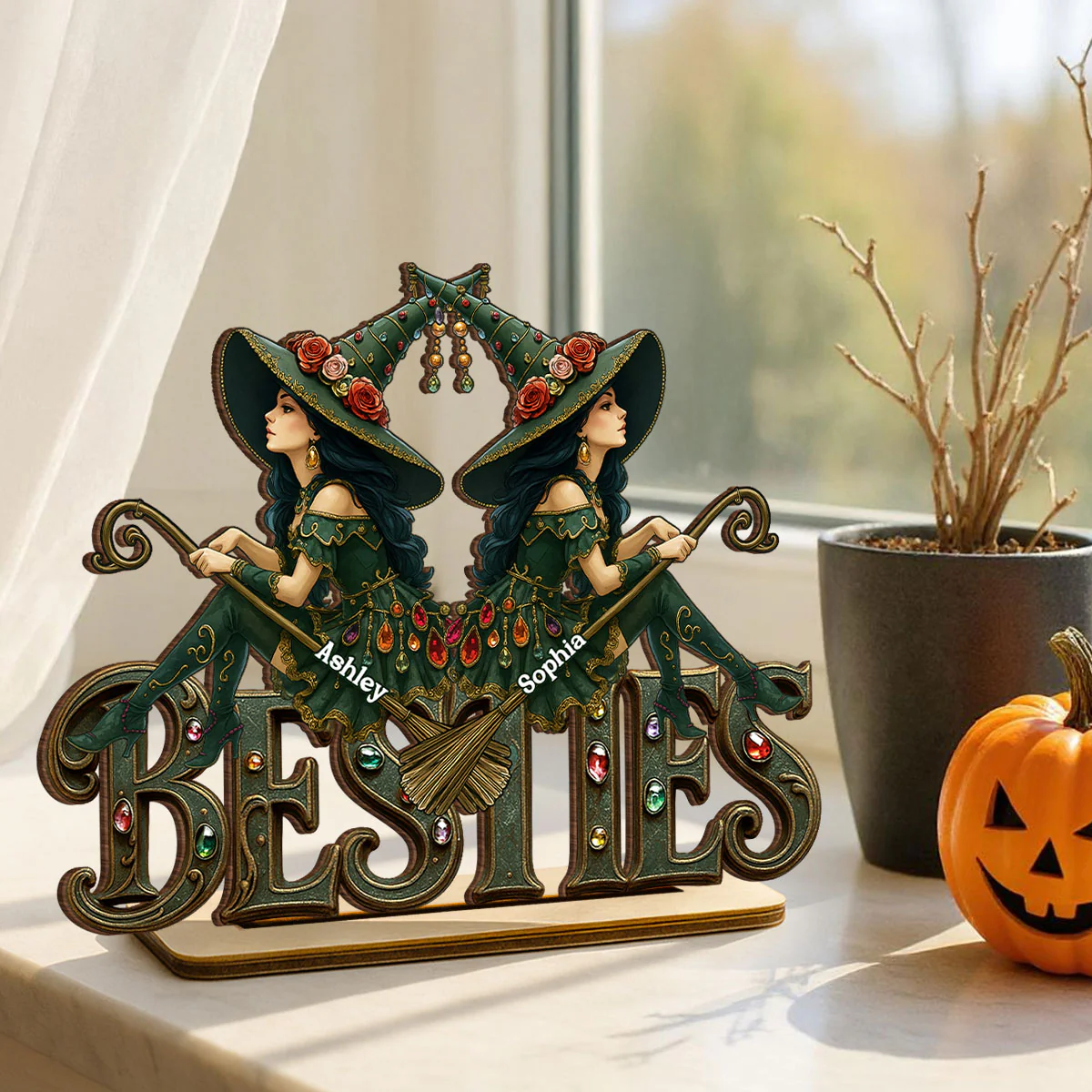 Halloween Gothic Vintage Besties Sisters Sitting On Text Personalized Standing Wooden Plaque - Image 2