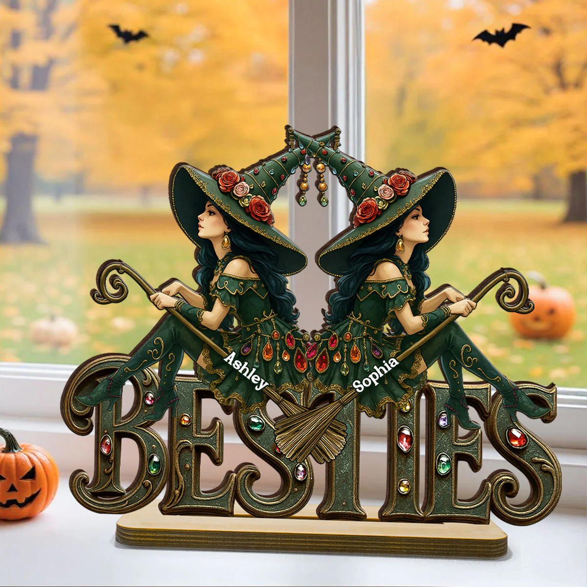 Halloween Gothic Vintage Besties Sisters Sitting On Text Personalized Standing Wooden Plaque - Image 3
