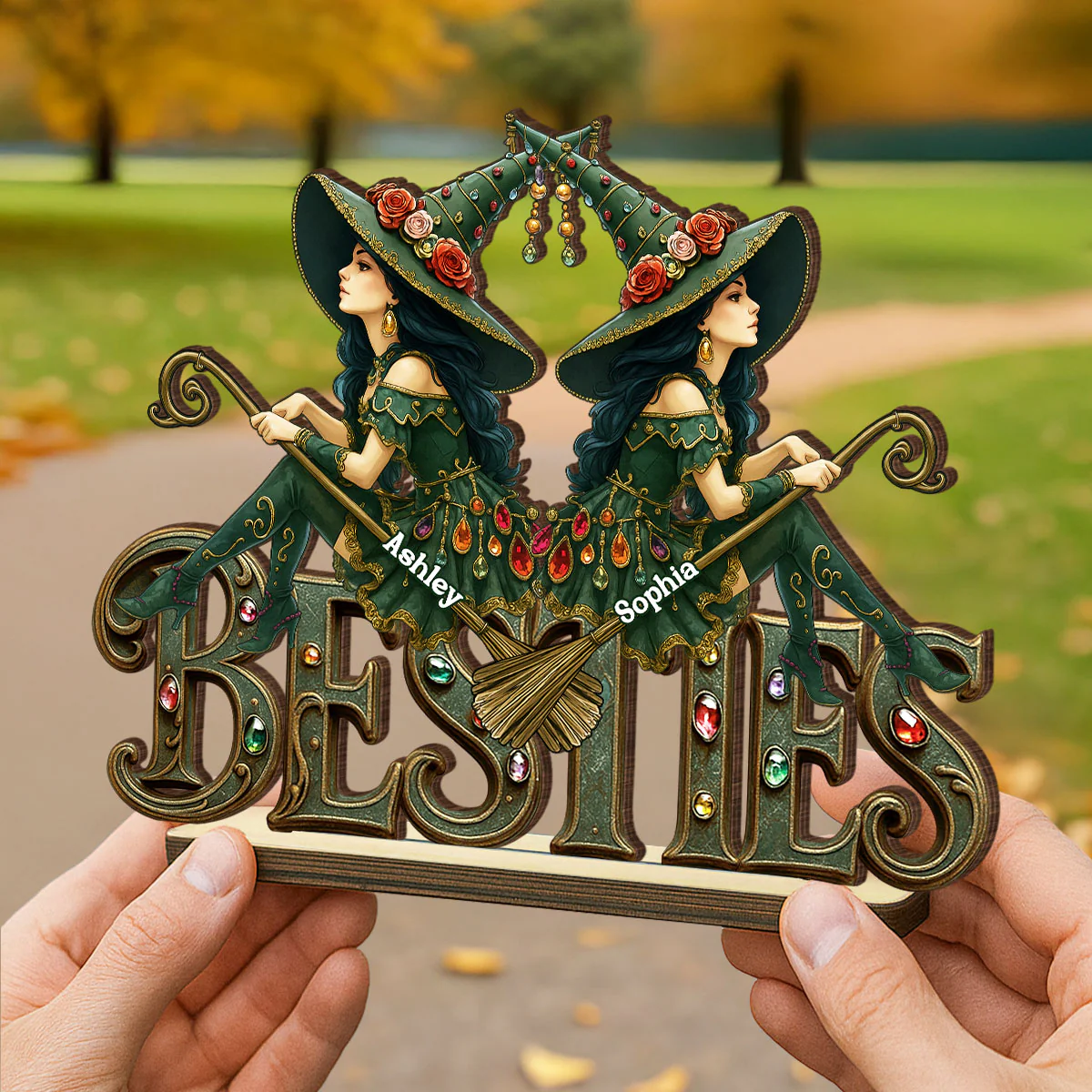 Halloween Gothic Vintage Besties Sisters Sitting On Text Personalized Standing Wooden Plaque - Image 4