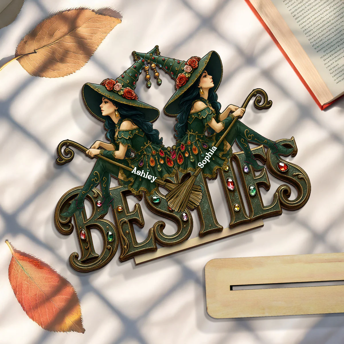 Halloween Gothic Vintage Besties Sisters Sitting On Text Personalized Standing Wooden Plaque - Image 5