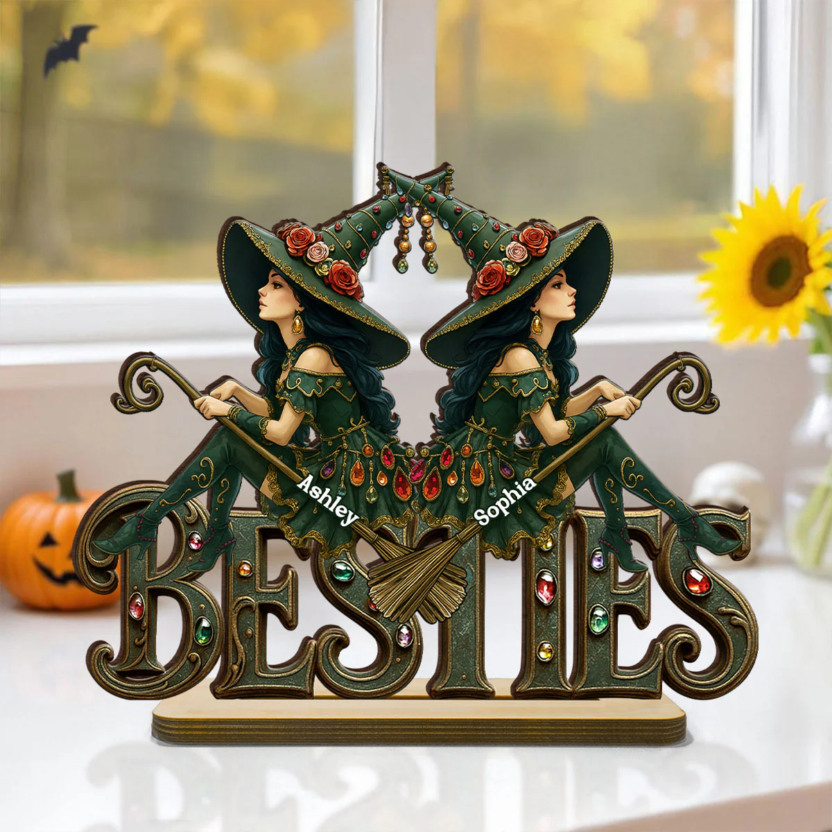 Halloween Gothic Vintage Besties Sisters Sitting On Text Personalized Standing Wooden Plaque - Image 6
