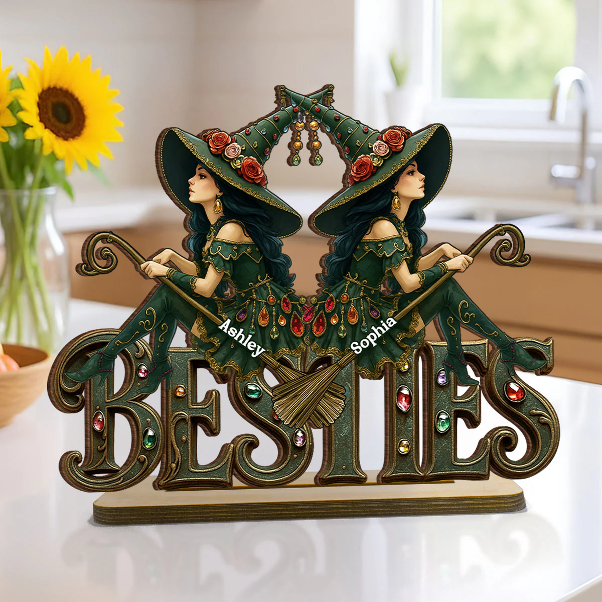 Halloween Gothic Vintage Besties Sisters Sitting On Text Personalized Standing Wooden Plaque - Image 7