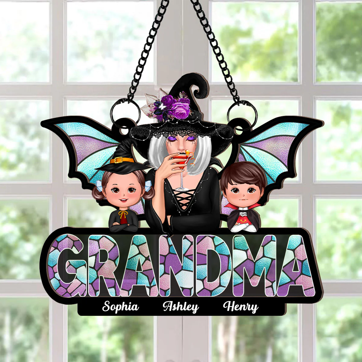 Halloween Grandma And Grandkids On Text Personalized Suncatcher - Image 6