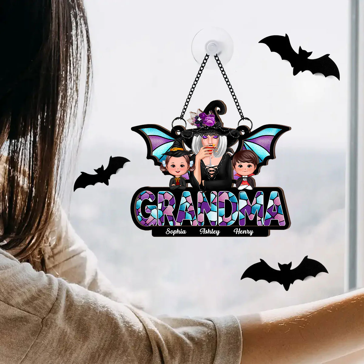 Halloween Grandma And Grandkids On Text Personalized Suncatcher - Image 8