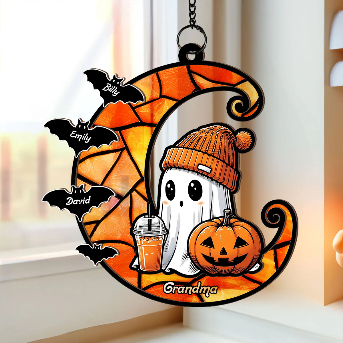 Halloween Grandma Boo & Bats Kids On Moon Personalized Suncatcher, Gift For Grandma - Image 4