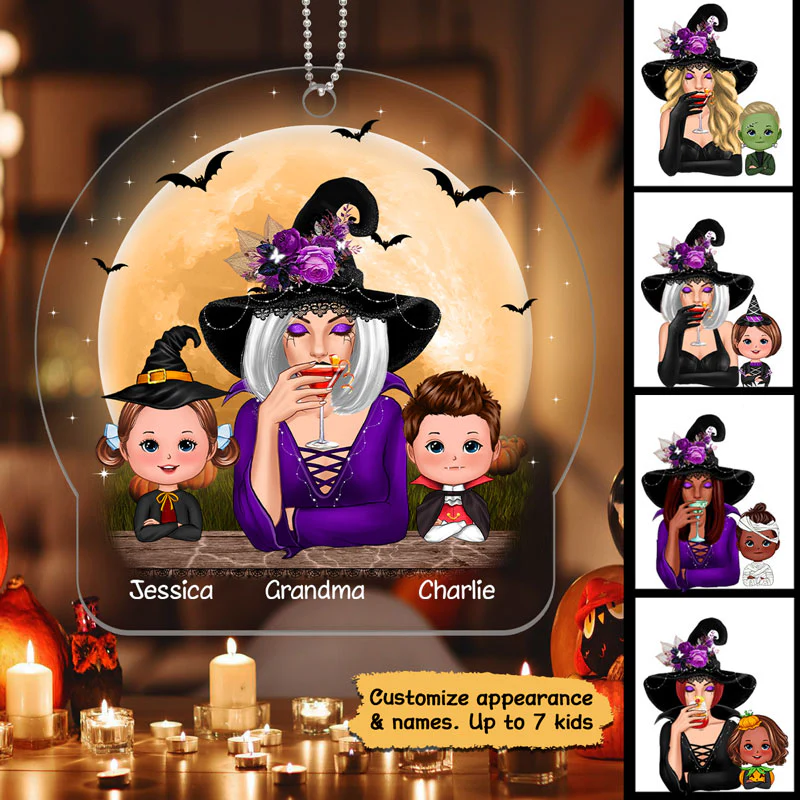 Halloween Grandma & Doll Kid Under Moonlight Personalized Acrylic Ornament