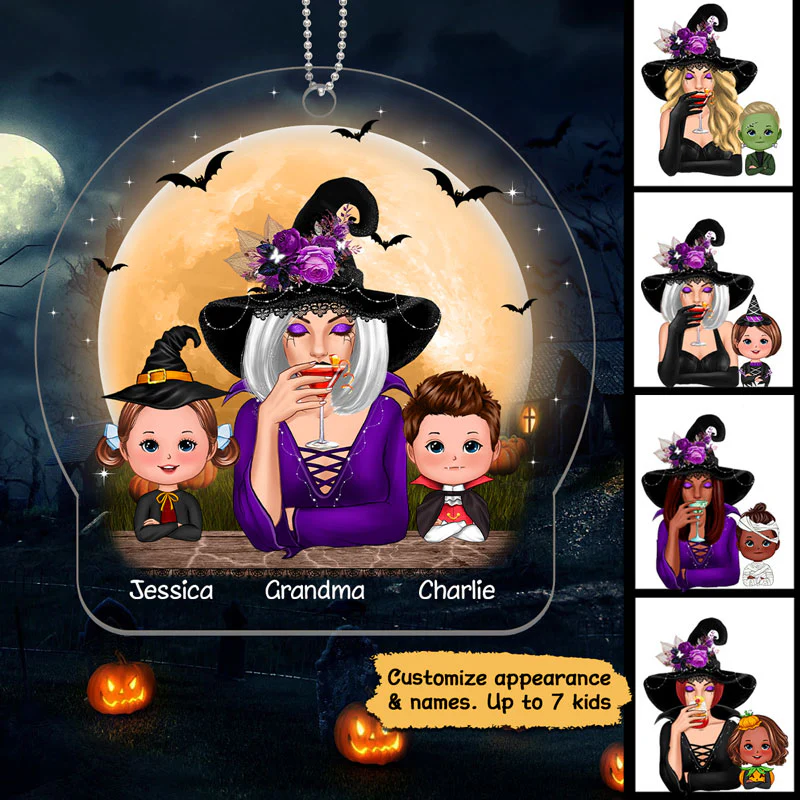 Halloween Grandma & Doll Kid Under Moonlight Personalized Acrylic Ornament - Image 3