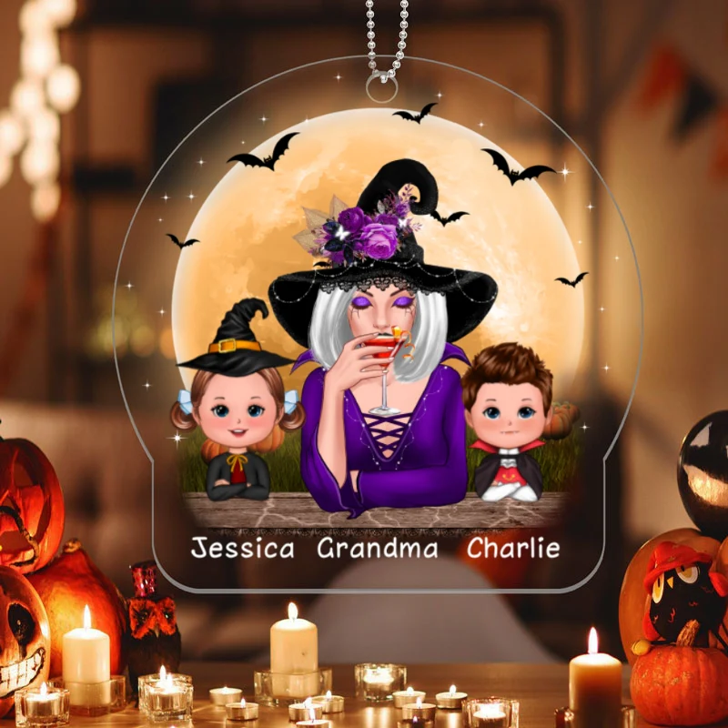 Halloween Grandma & Doll Kid Under Moonlight Personalized Acrylic Ornament - Image 4