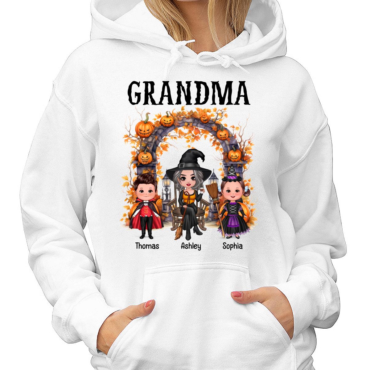 Halloween Grandma Grandkids Pumpkins At Cemetery Personalized Shirt - Image 4