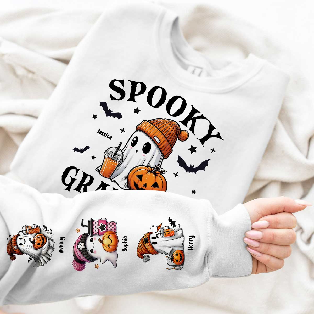 Halloween Grandma Mom Cute Boo Personalized Sleeve Printed Sweatshirt - Image 2
