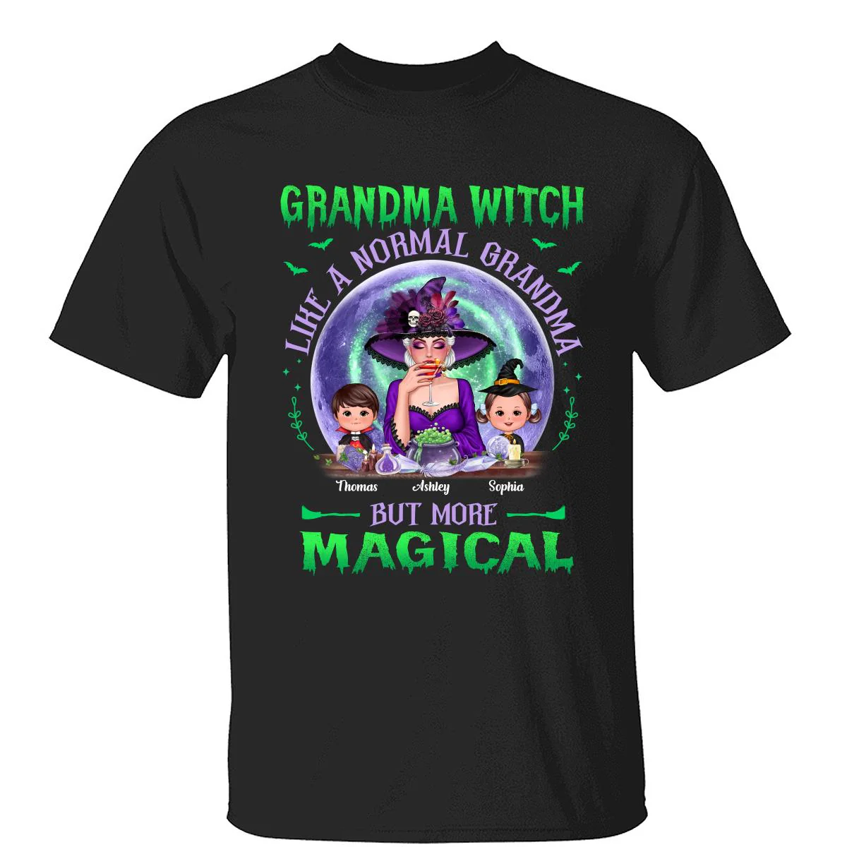 Halloween Grandma Mom Kids Green Purple Moon Personalized Shirt