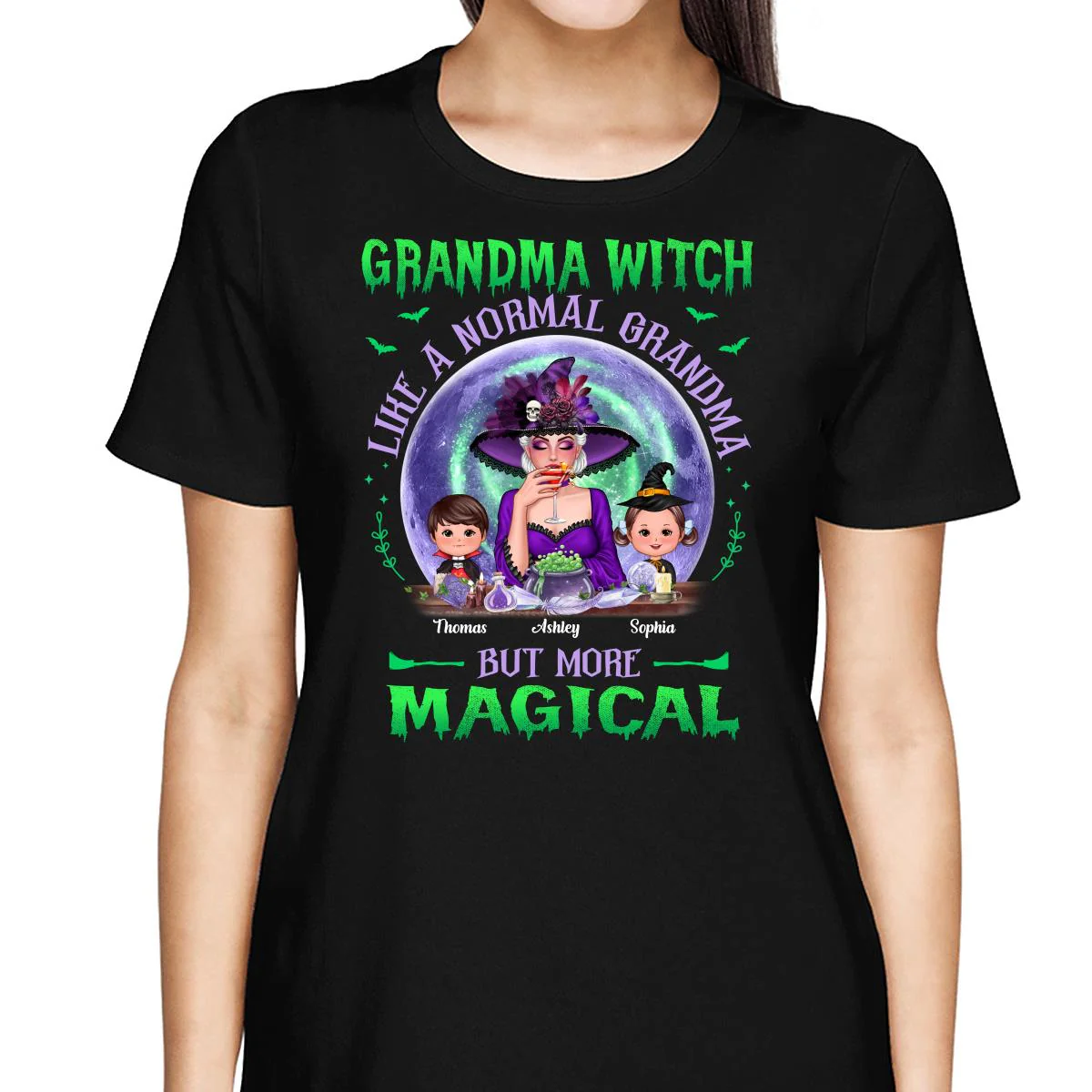 Halloween Grandma Mom Kids Green Purple Moon Personalized Shirt - Image 2