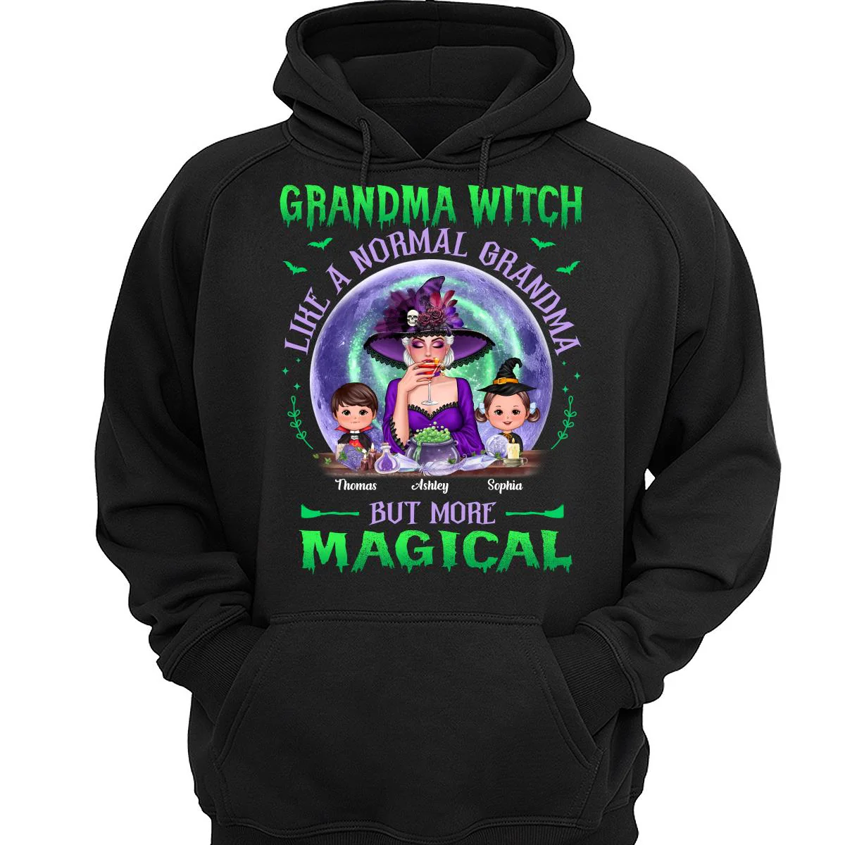 Halloween Grandma Mom Kids Green Purple Moon Personalized Shirt - Image 3