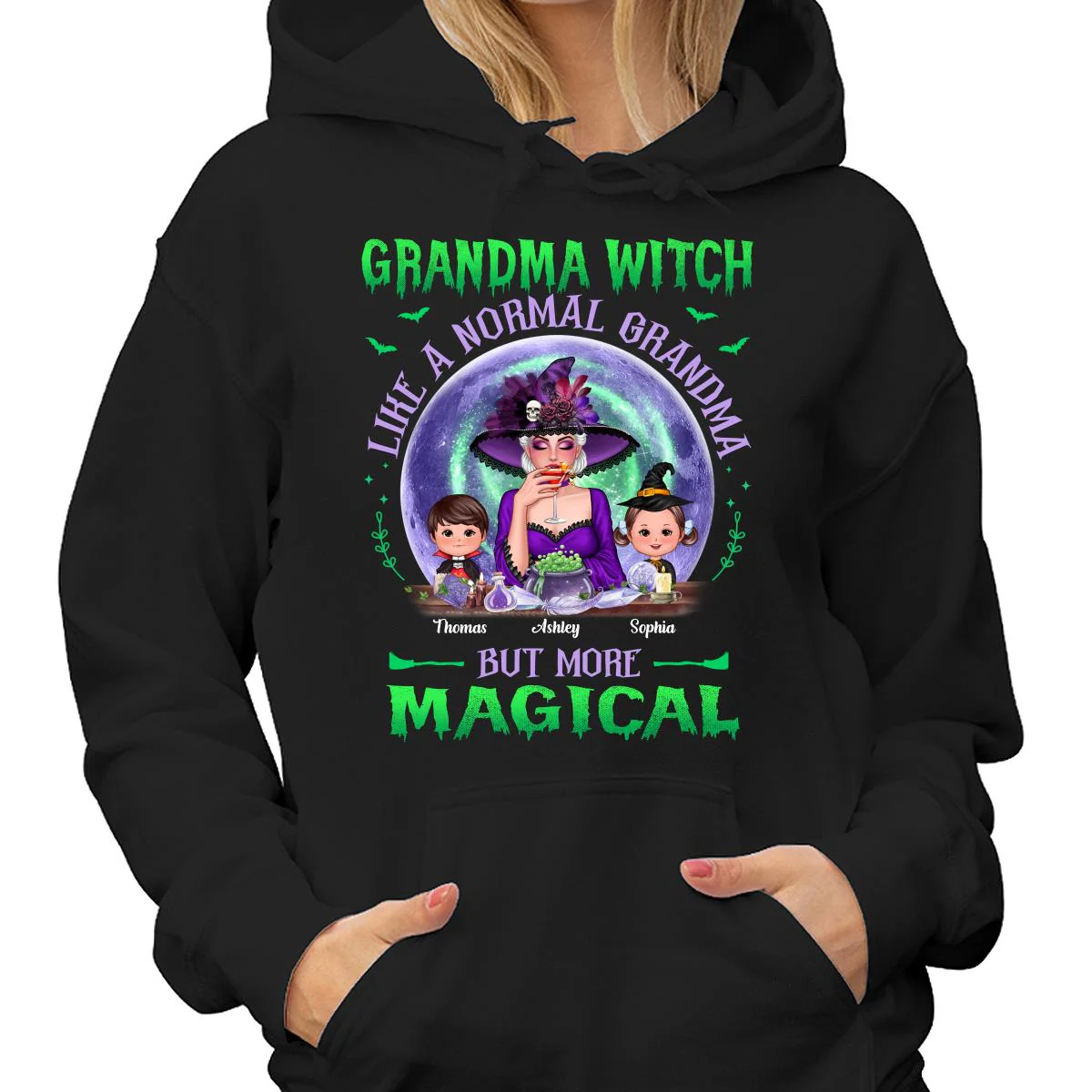 Halloween Grandma Mom Kids Green Purple Moon Personalized Shirt - Image 4