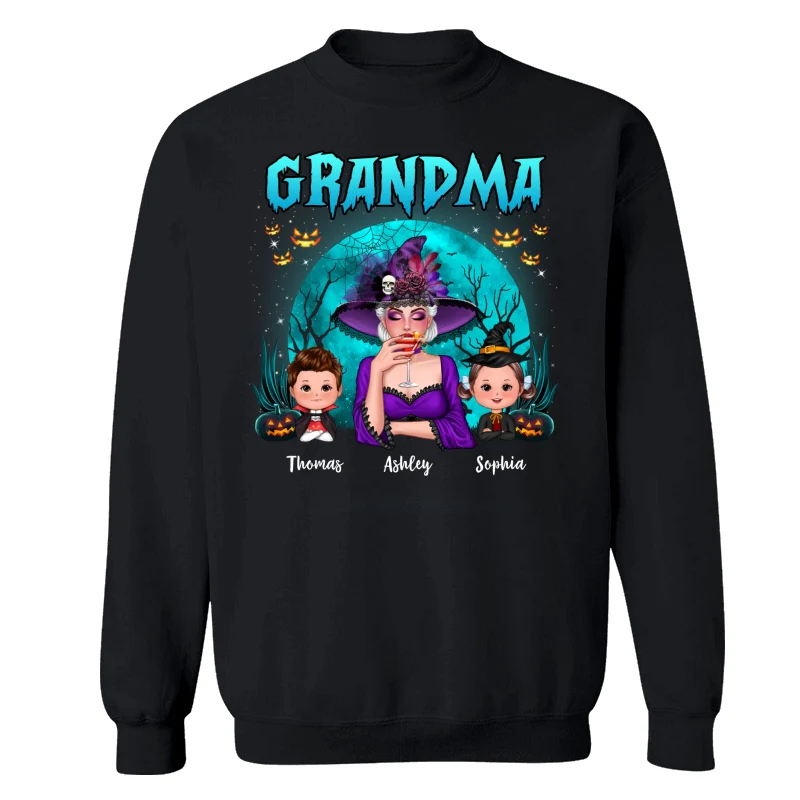 Halloween Grandma Mom Kids Teal Moon Personalized Shirt - Image 14
