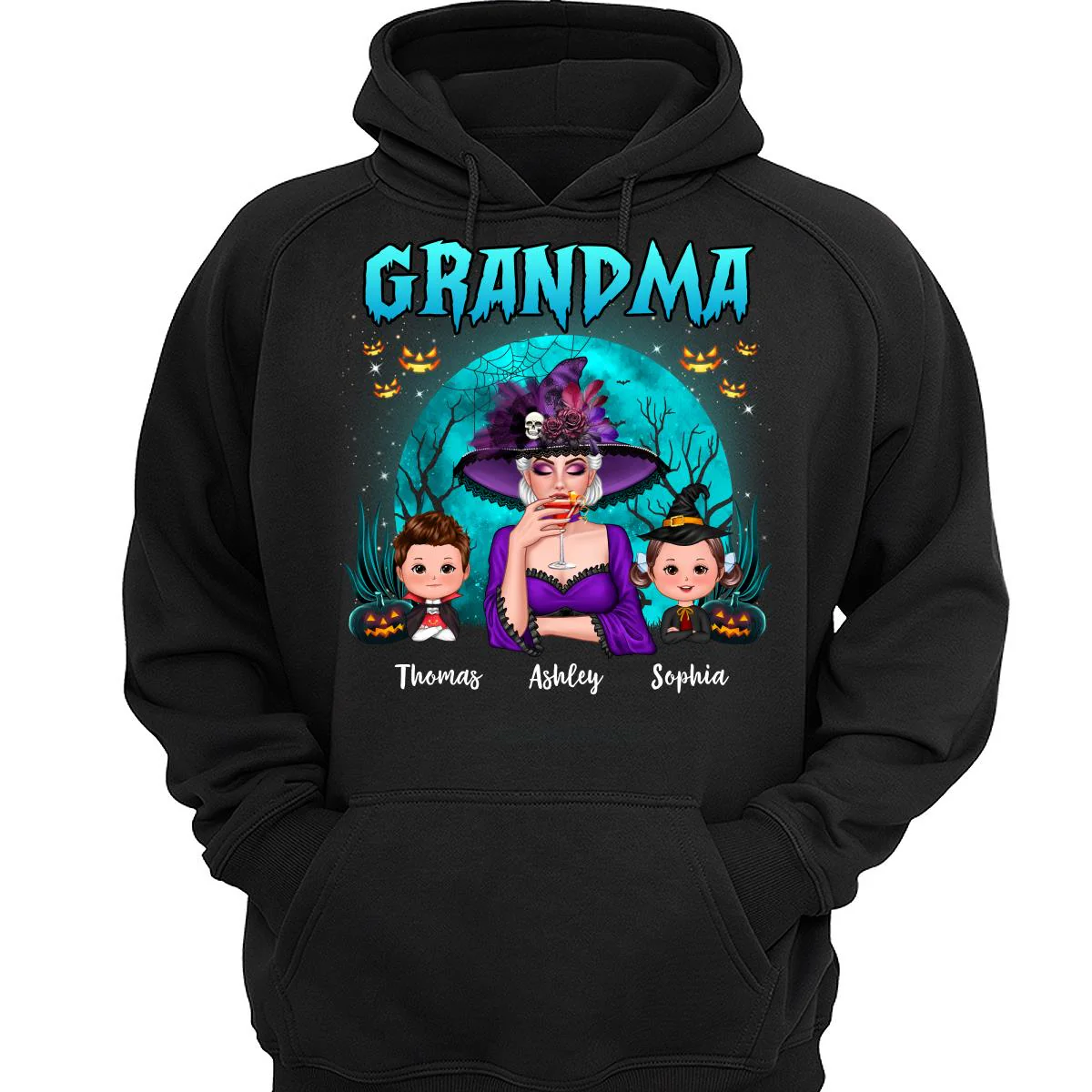 Halloween Grandma Mom Kids Teal Moon Personalized Shirt - Image 3