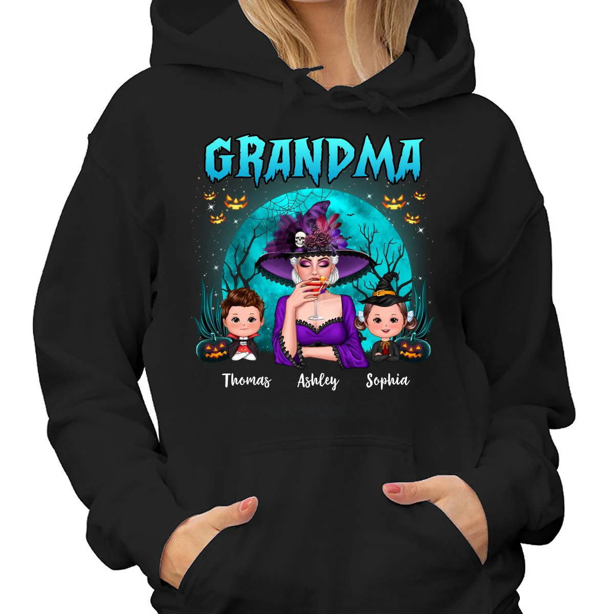 Halloween Grandma Mom Kids Teal Moon Personalized Shirt - Image 4