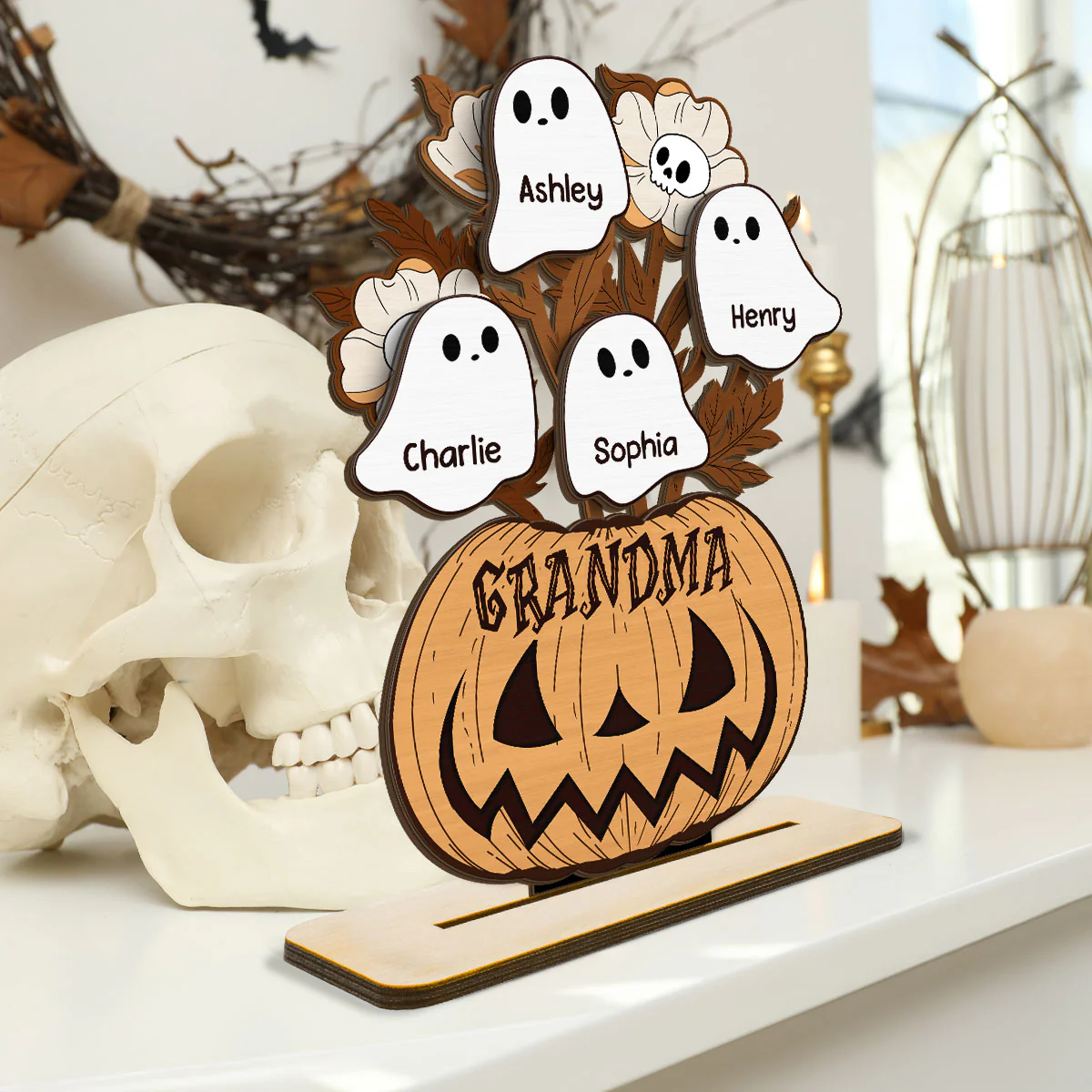 Halloween Grandma Pumpkin Vase Flowers Personalized 2-Layer Standing Wooden Plaque, Halloween Decor - Image 3