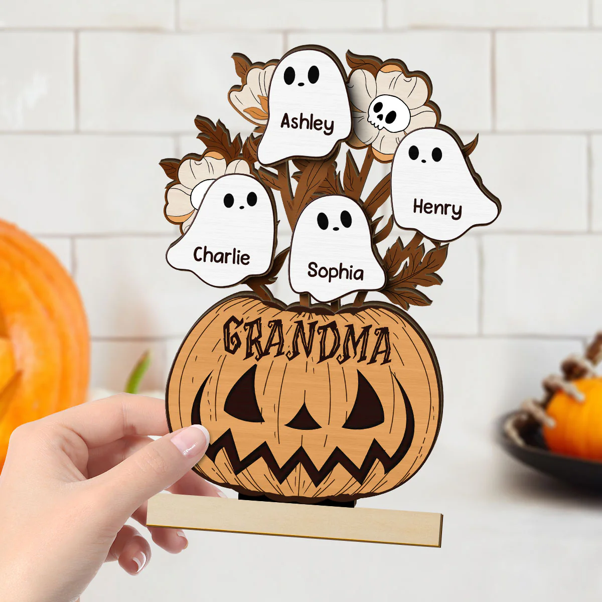 Halloween Grandma Pumpkin Vase Flowers Personalized 2-Layer Standing Wooden Plaque, Halloween Decor - Image 4