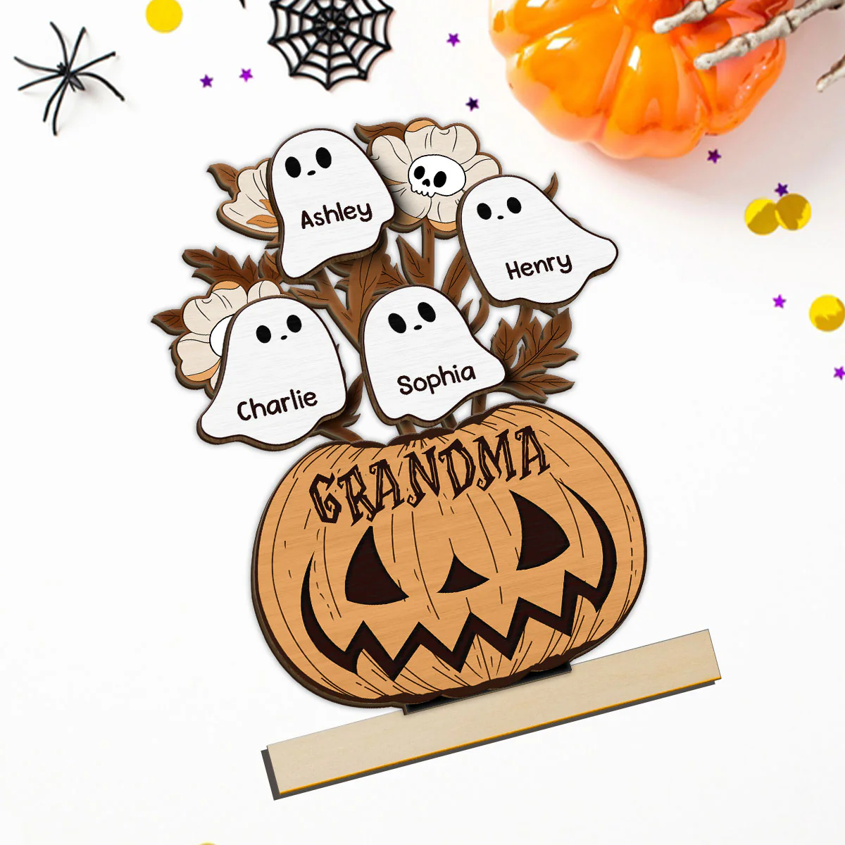 Halloween Grandma Pumpkin Vase Flowers Personalized 2-Layer Standing Wooden Plaque, Halloween Decor - Image 5