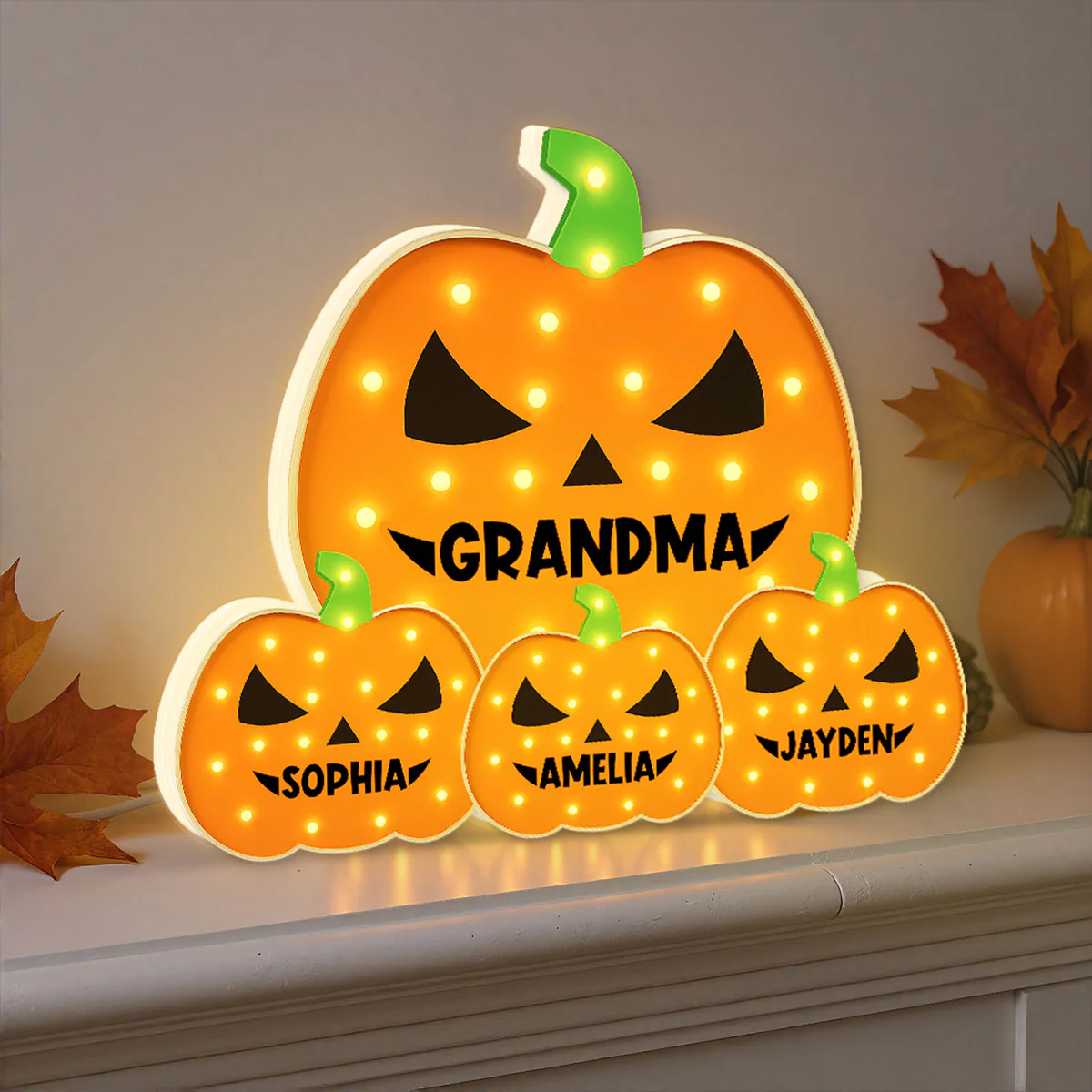 3D Effect Marquee Pattern Halloween Grandma And Grandkids Pumpkins - Personalized Light Box - Gift For Grandmas - Image 10