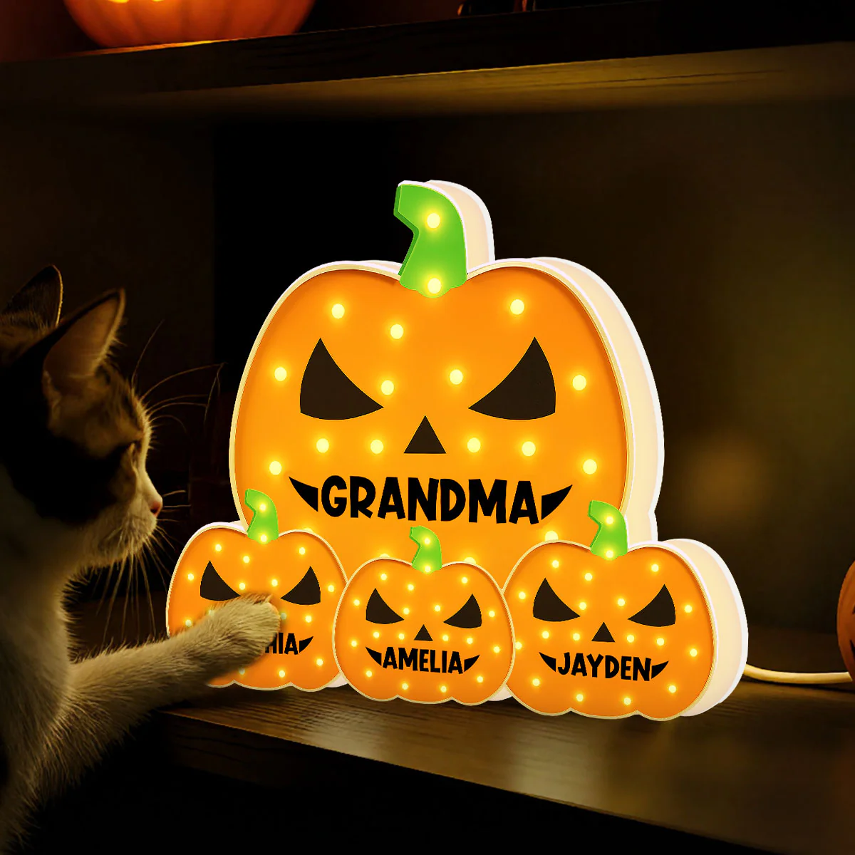 3D Effect Marquee Pattern Halloween Grandma And Grandkids Pumpkins - Personalized Light Box - Gift For Grandmas - Image 11