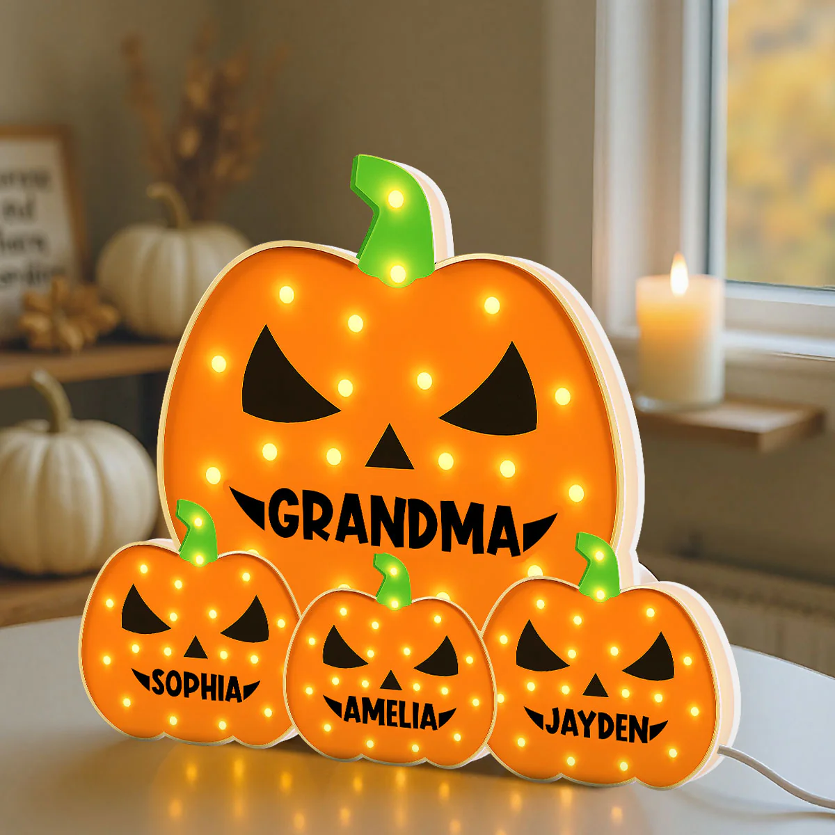 3D Effect Marquee Pattern Halloween Grandma And Grandkids Pumpkins - Personalized Light Box - Gift For Grandmas - Image 12