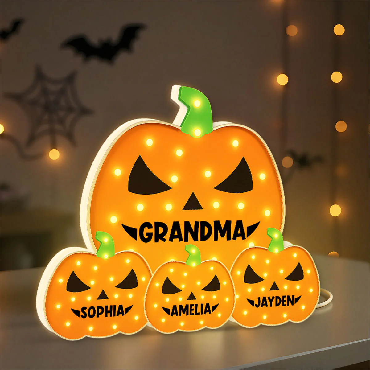 3D Effect Marquee Pattern Halloween Grandma And Grandkids Pumpkins - Personalized Light Box - Gift For Grandmas - Image 13