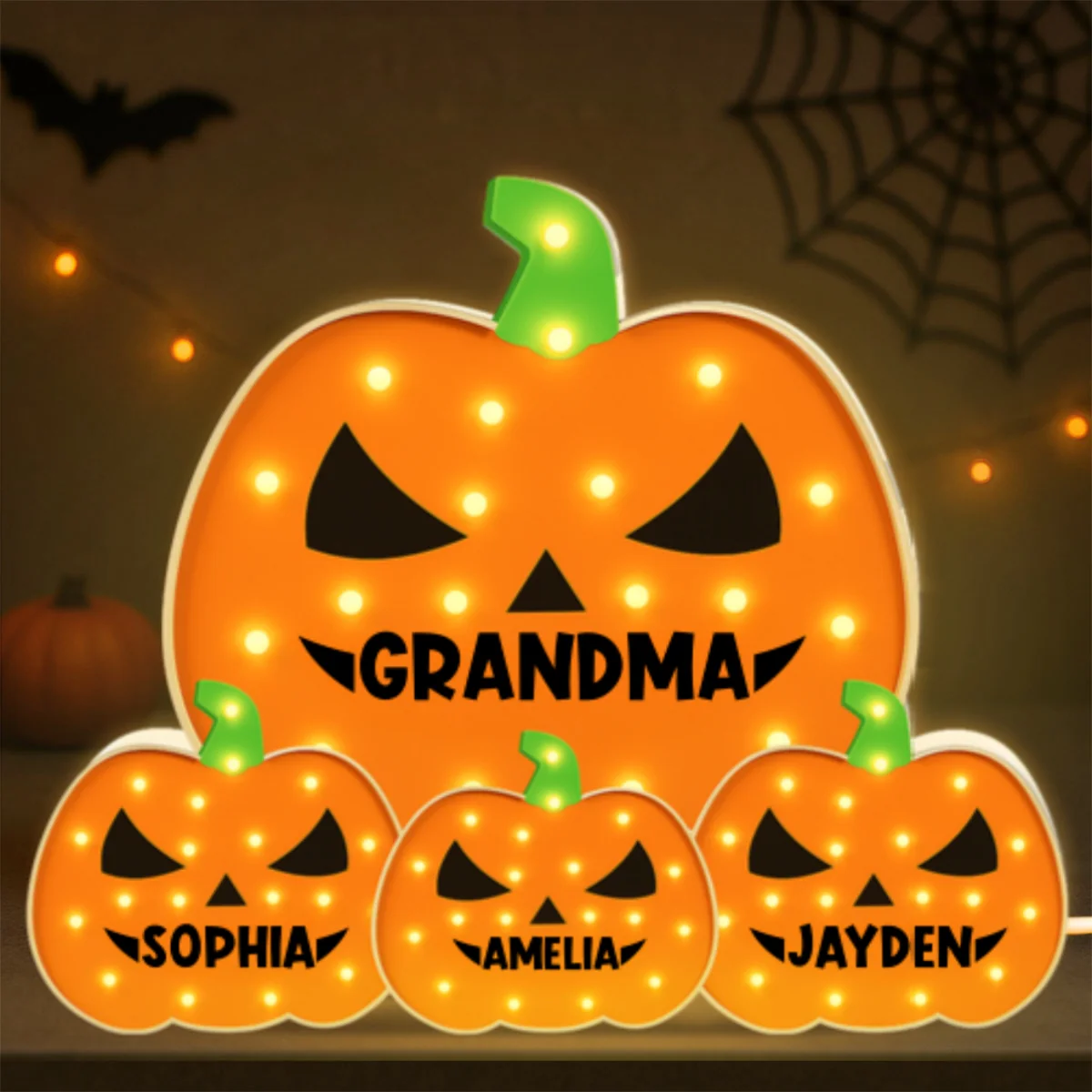 3D Effect Marquee Pattern Halloween Grandma And Grandkids Pumpkins - Personalized Light Box - Gift For Grandmas - Image 14