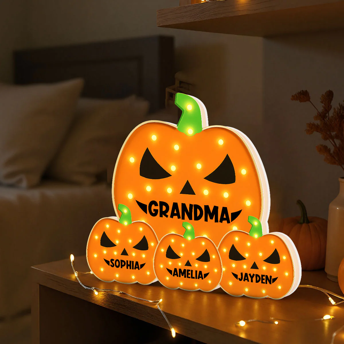 3D Effect Marquee Pattern Halloween Grandma And Grandkids Pumpkins - Personalized Light Box - Gift For Grandmas - Image 3