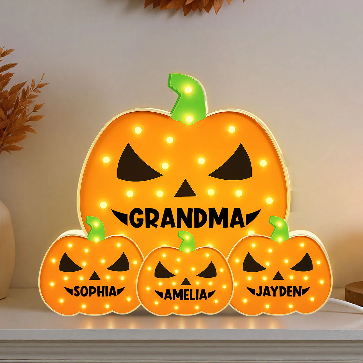 3D Effect Marquee Pattern Halloween Grandma And Grandkids Pumpkins - Personalized Light Box - Gift For Grandmas - Image 4