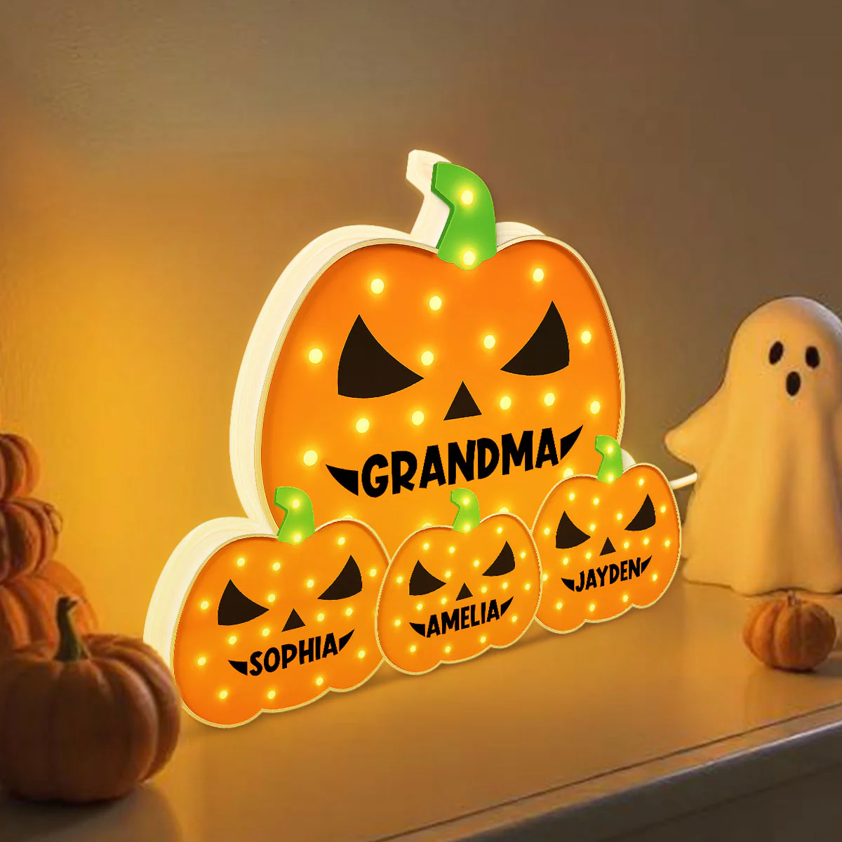 3D Effect Marquee Pattern Halloween Grandma And Grandkids Pumpkins - Personalized Light Box - Gift For Grandmas - Image 5